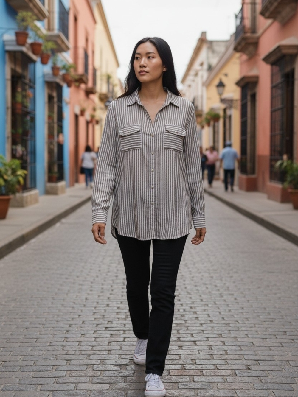 Chico's Linen Striped Button‎ Down Shirt Grey White Size 1